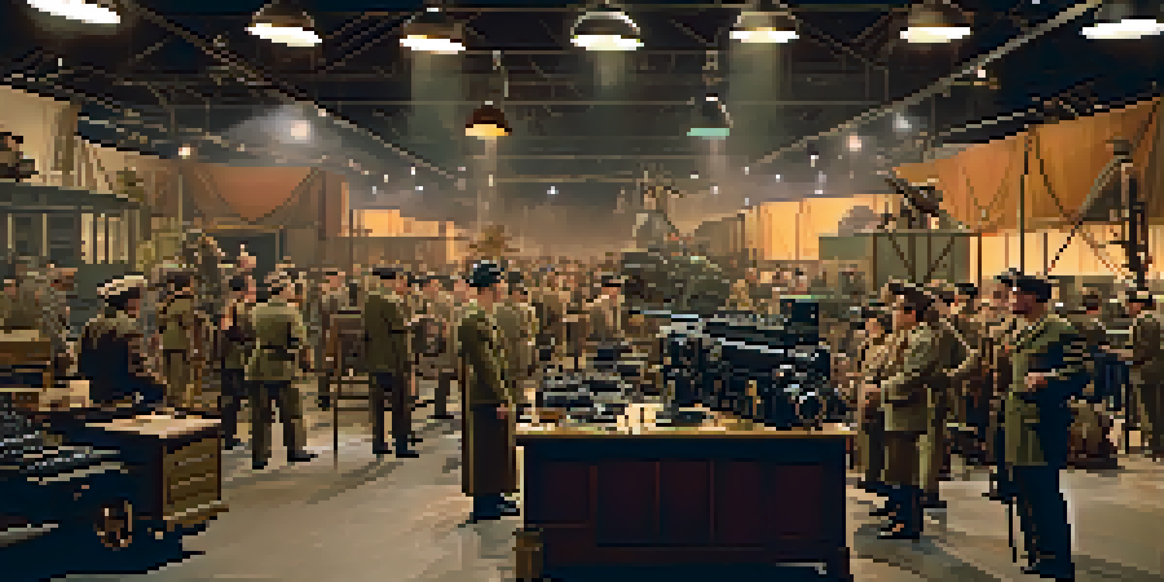 A busy World War II film set with actors in military costumes and crew members working on equipment.