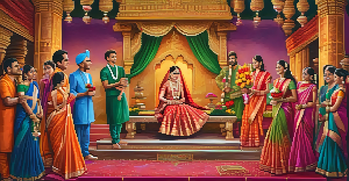 A colorful Hindu wedding ceremony with the bride and groom in traditional attire, surrounded by family and elaborate decorations.