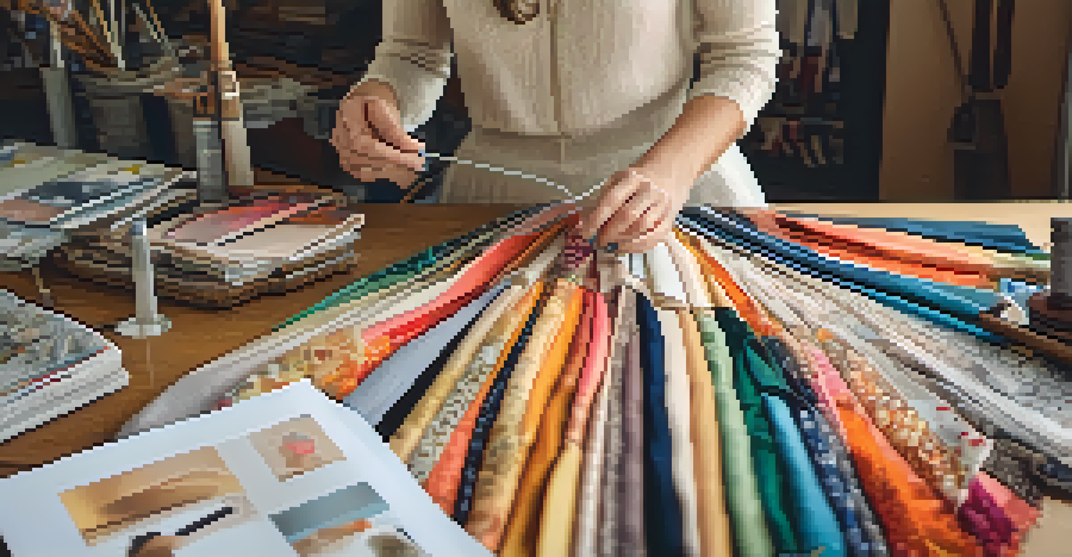 A costume designer sewing a dress from vintage fabrics in an inviting workspace filled with colorful materials.