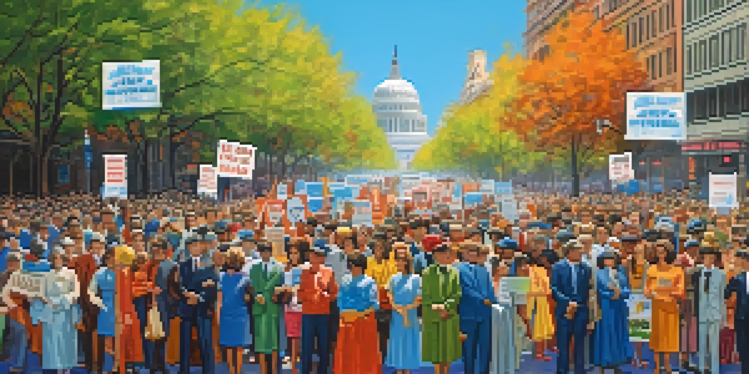 A diverse group of people protesting for peace in the 1960s, holding colorful signs and banners, with a city street and trees in the background.