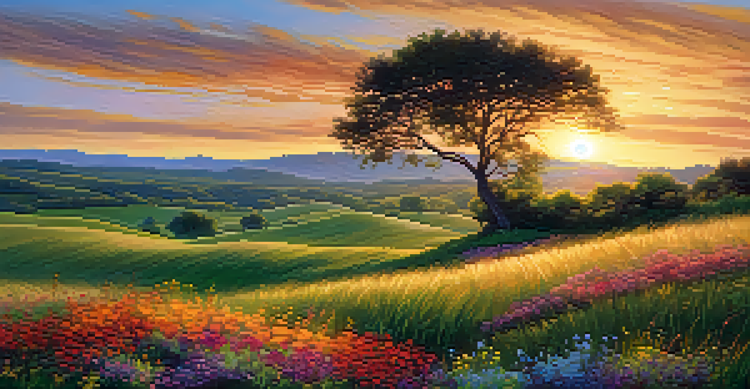 A picturesque landscape at sunset with rolling hills and a silhouetted tree, surrounded by blooming wildflowers.