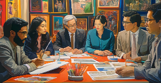 A colorful film set with a diverse group of foreign directors discussing ideas, surrounded by cultural artifacts and warm lighting.