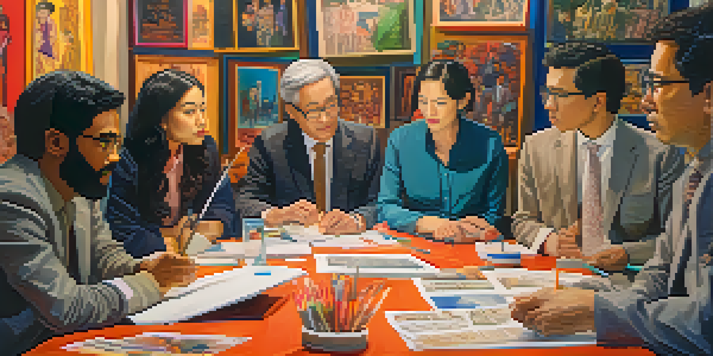 A colorful film set with a diverse group of foreign directors discussing ideas, surrounded by cultural artifacts and warm lighting.