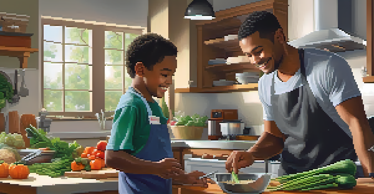 A single father cooking dinner with his teenage son in a modern kitchen, sharing a bonding moment.