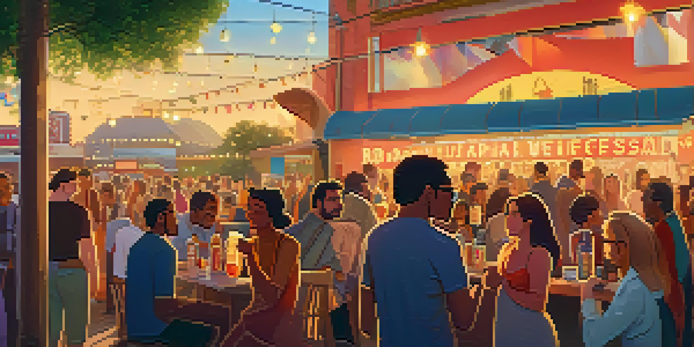 A lively film festival scene at sunset with diverse attendees engaged in conversations, illuminated by warm golden hour light.