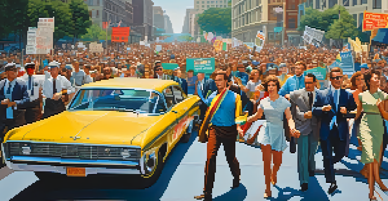 A diverse group of actors protesting for fair pay in the 1960s, holding signs in front of Hollywood landmarks.