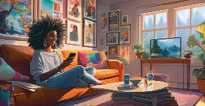 A young female influencer in a cozy room, livestreaming about an upcoming movie with film posters around her.