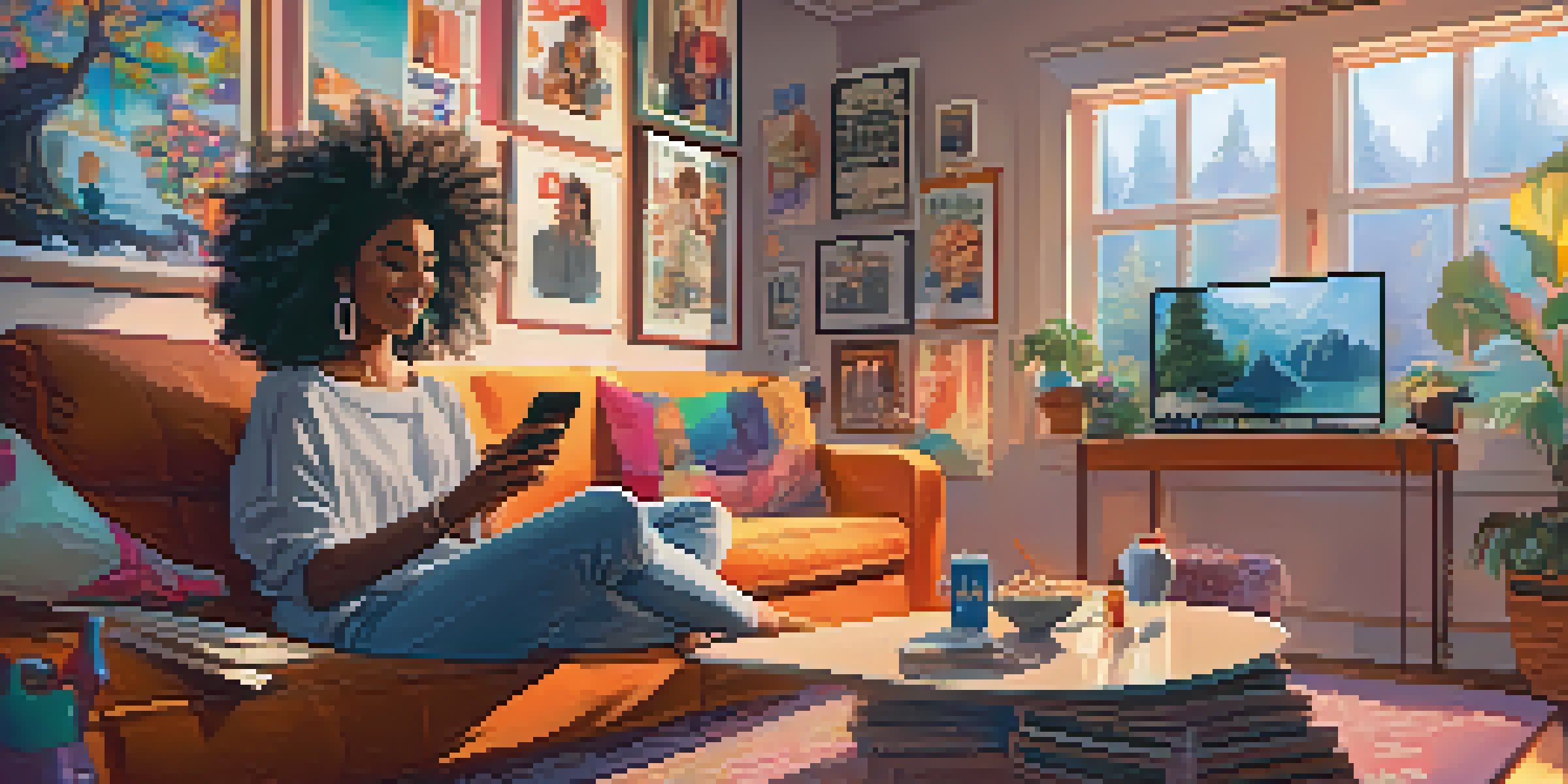 A young female influencer in a cozy room, livestreaming about an upcoming movie with film posters around her.