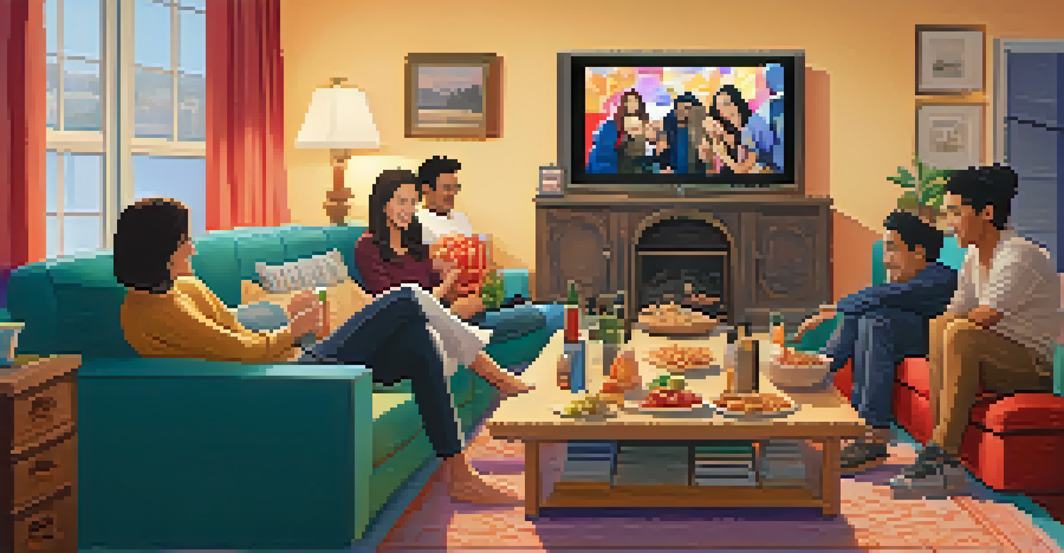 A group of friends of different ethnicities watching a foreign film together in a cozy living room, enjoying snacks.
