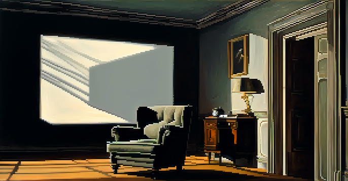A dimly lit room featuring shadows on the walls, a vintage armchair, and an old film projector creating eerie light patterns, with cobwebs in the corners.