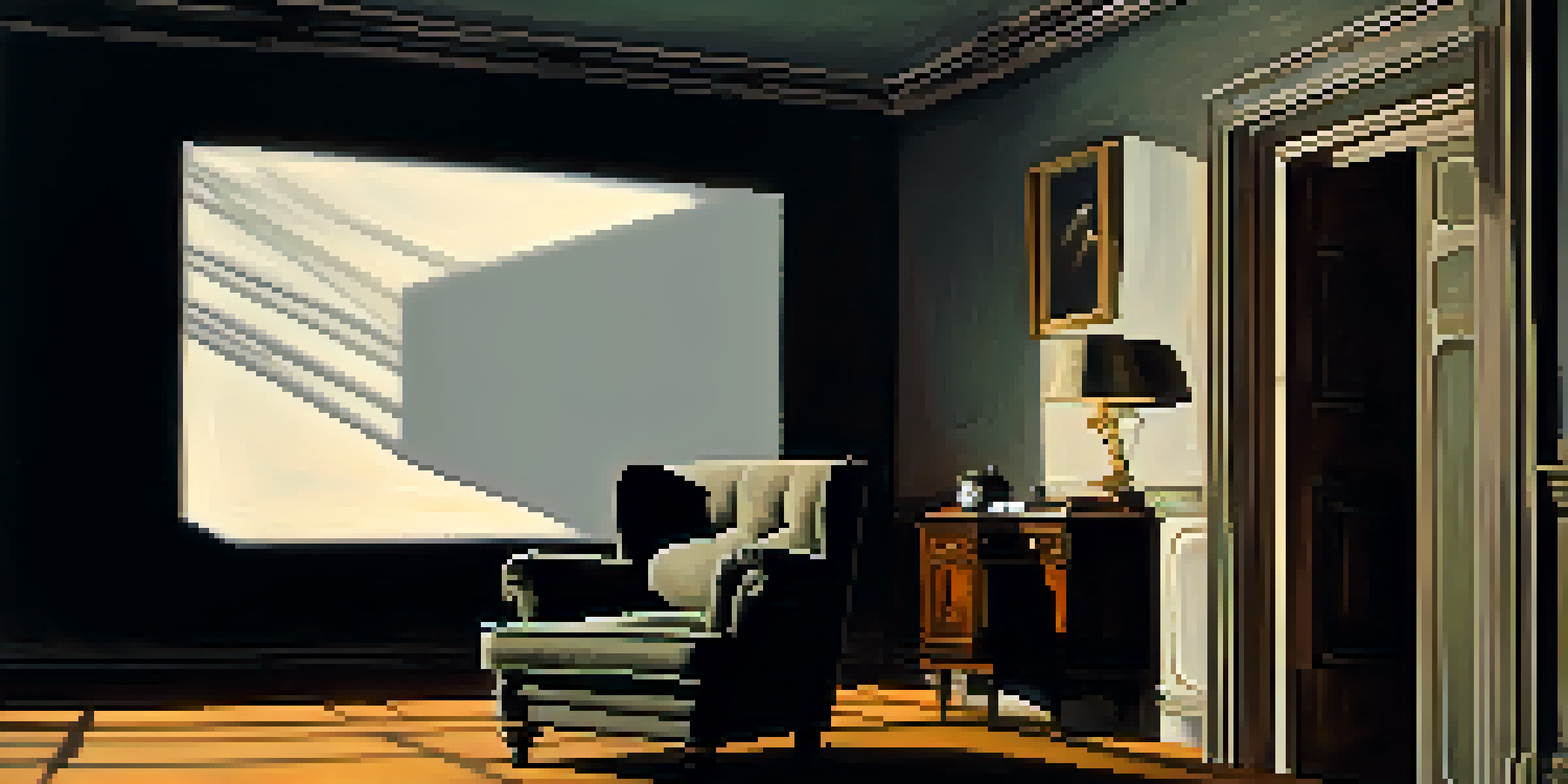 A dimly lit room featuring shadows on the walls, a vintage armchair, and an old film projector creating eerie light patterns, with cobwebs in the corners.