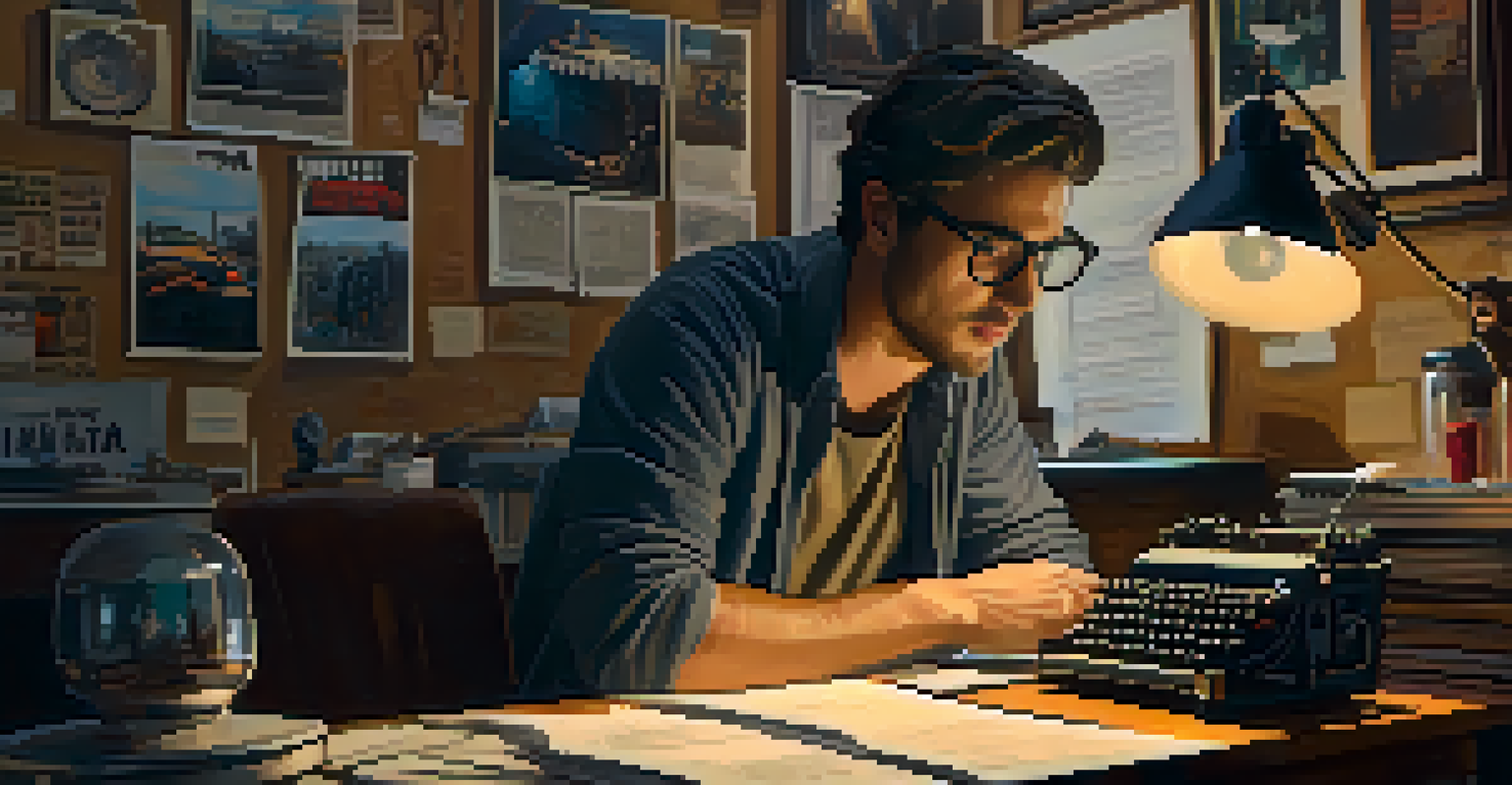 A filmmaker reviewing footage on a laptop in a cozy workspace filled with film reels and vintage cameras.