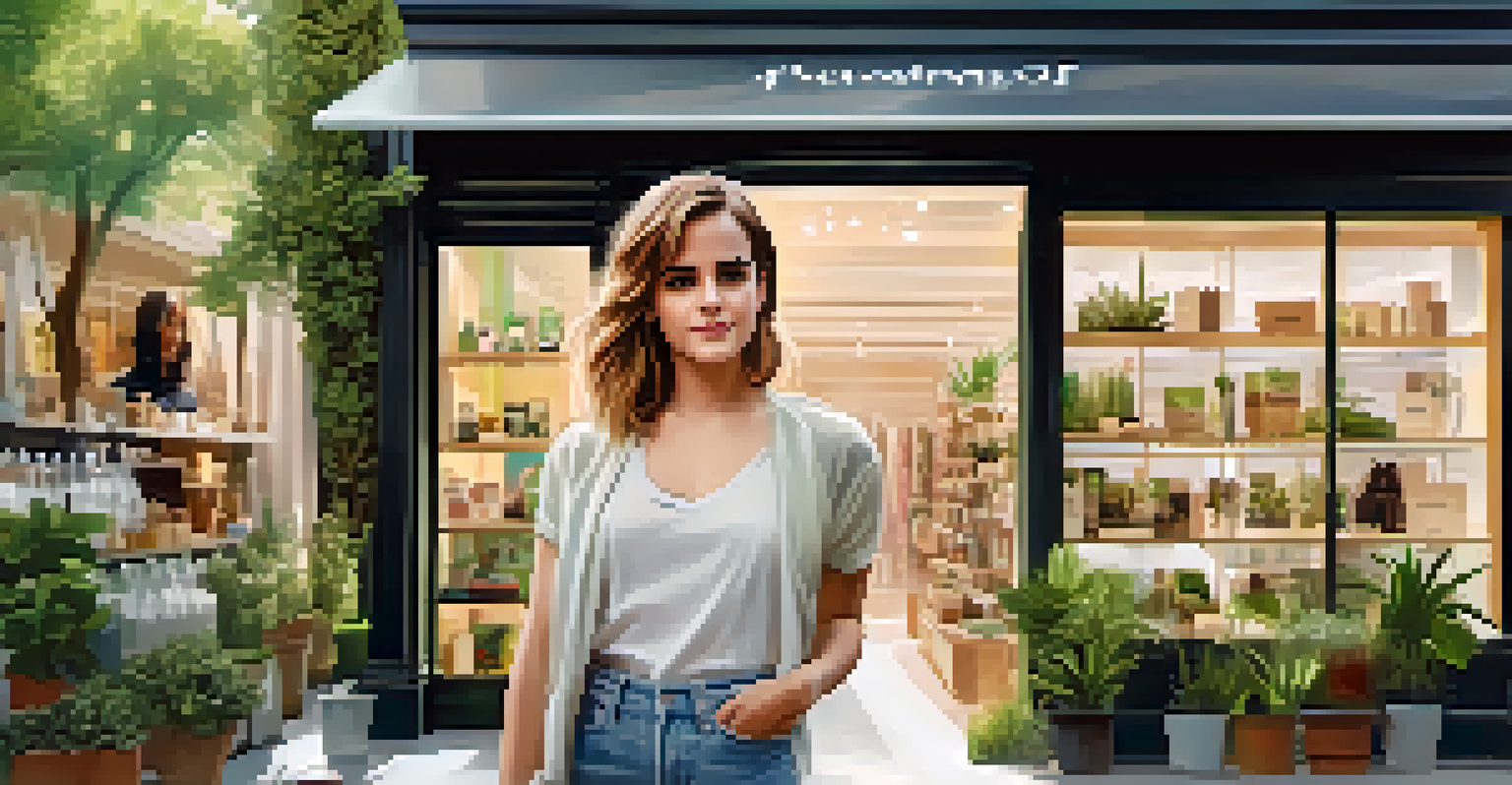 A celebrity in front of a sustainable fashion store, promoting eco-friendly products with a friendly smile.