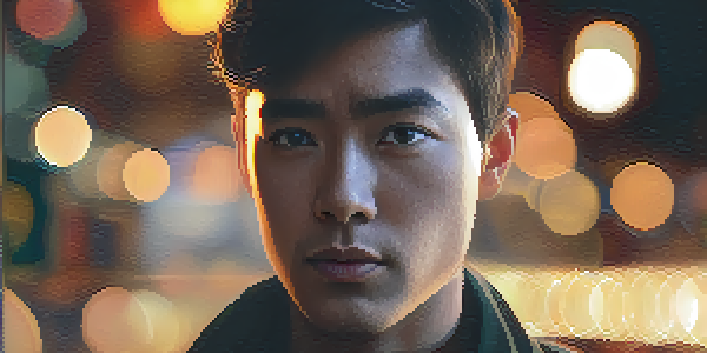 A close-up of a character's face with soft lighting showing deep emotion, with a blurred background.