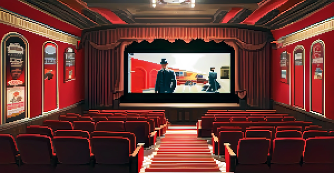 A vintage cinema hall featuring plush red seats and ornate architecture, with warm lighting and a large film reel in the foreground.