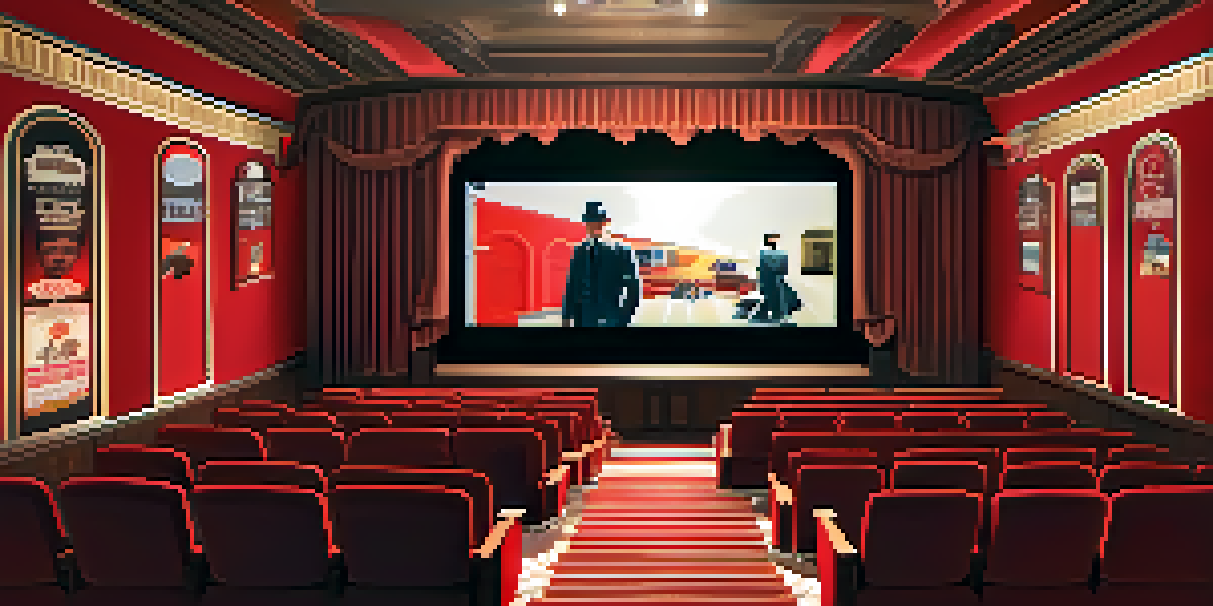 A vintage cinema hall featuring plush red seats and ornate architecture, with warm lighting and a large film reel in the foreground.