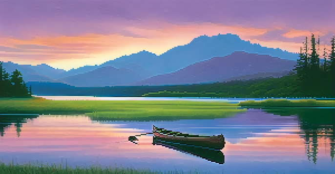 A peaceful lake at sunset with vibrant sky colors reflected in the water, surrounded by mountains and grass.