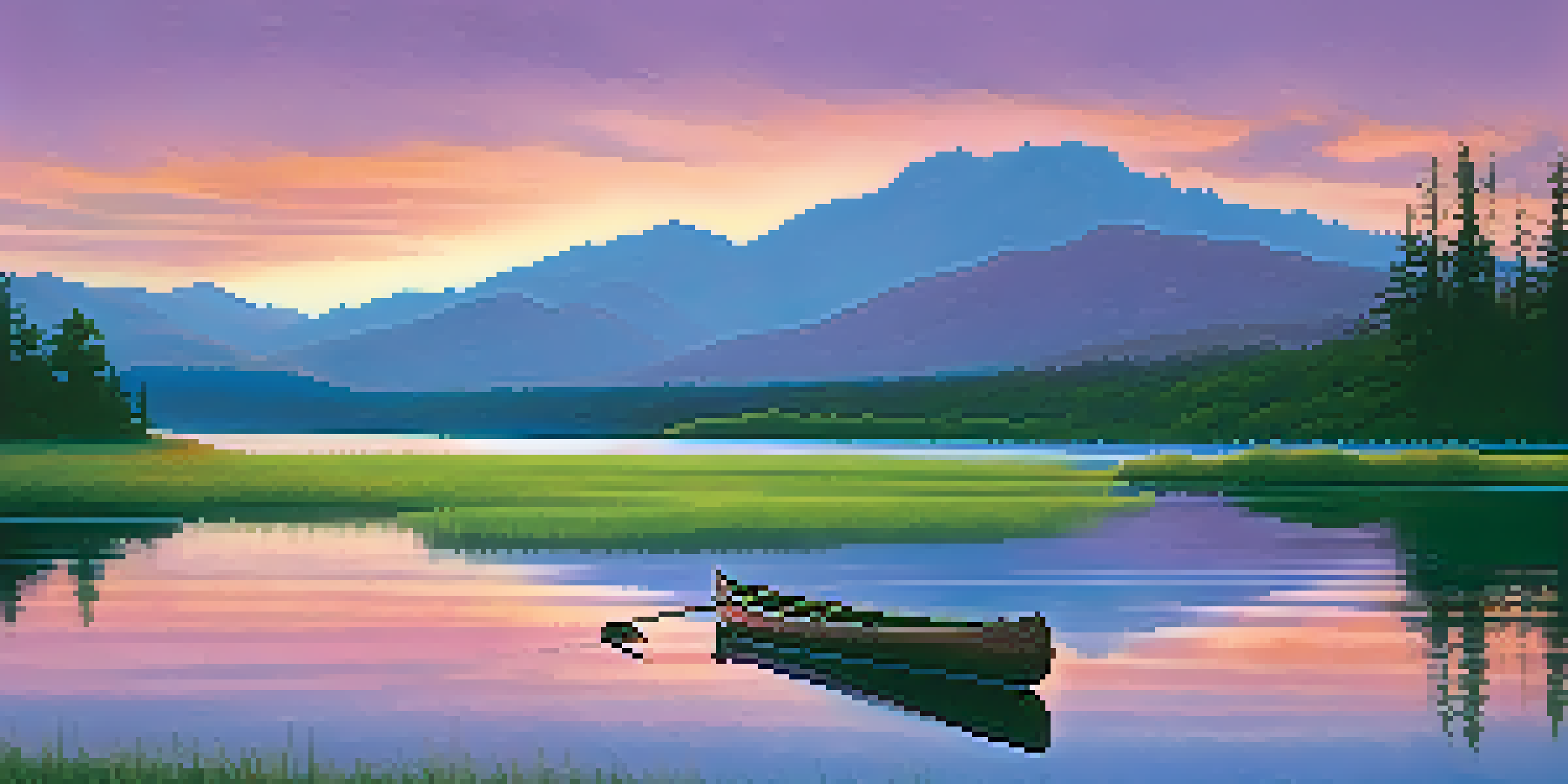 A peaceful lake at sunset with vibrant sky colors reflected in the water, surrounded by mountains and grass.