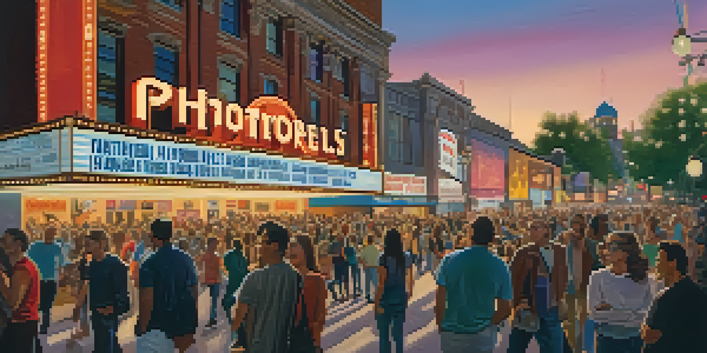 A lively independent film festival outside a historic theater, with colorful banners and a diverse crowd in soft evening light.