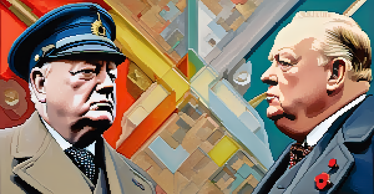 A split image showing Winston Churchill as a steadfast leader on one side and a more complex portrayal on the other, highlighting contrasting narratives.