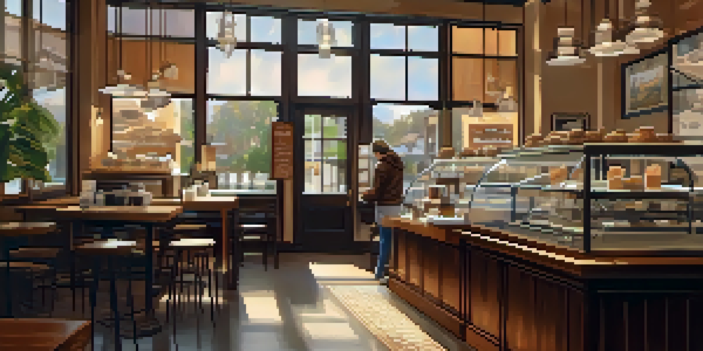 A warm and inviting coffee shop interior with wooden tables, soft lighting, and a barista preparing coffee.