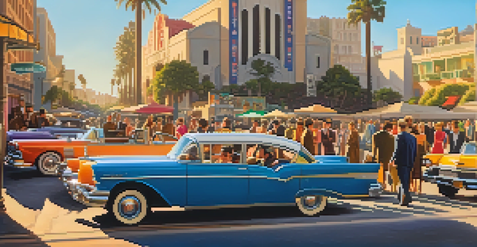 A Hollywood film set during sunset, featuring filmmakers and actors with vintage cameras and colorful costumes against iconic landmarks.