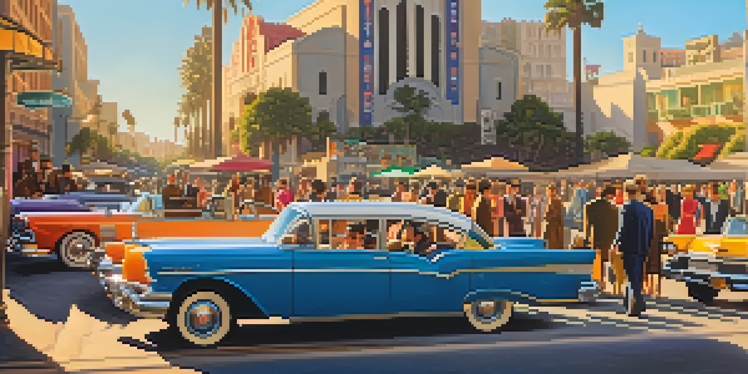 A Hollywood film set during sunset, featuring filmmakers and actors with vintage cameras and colorful costumes against iconic landmarks.