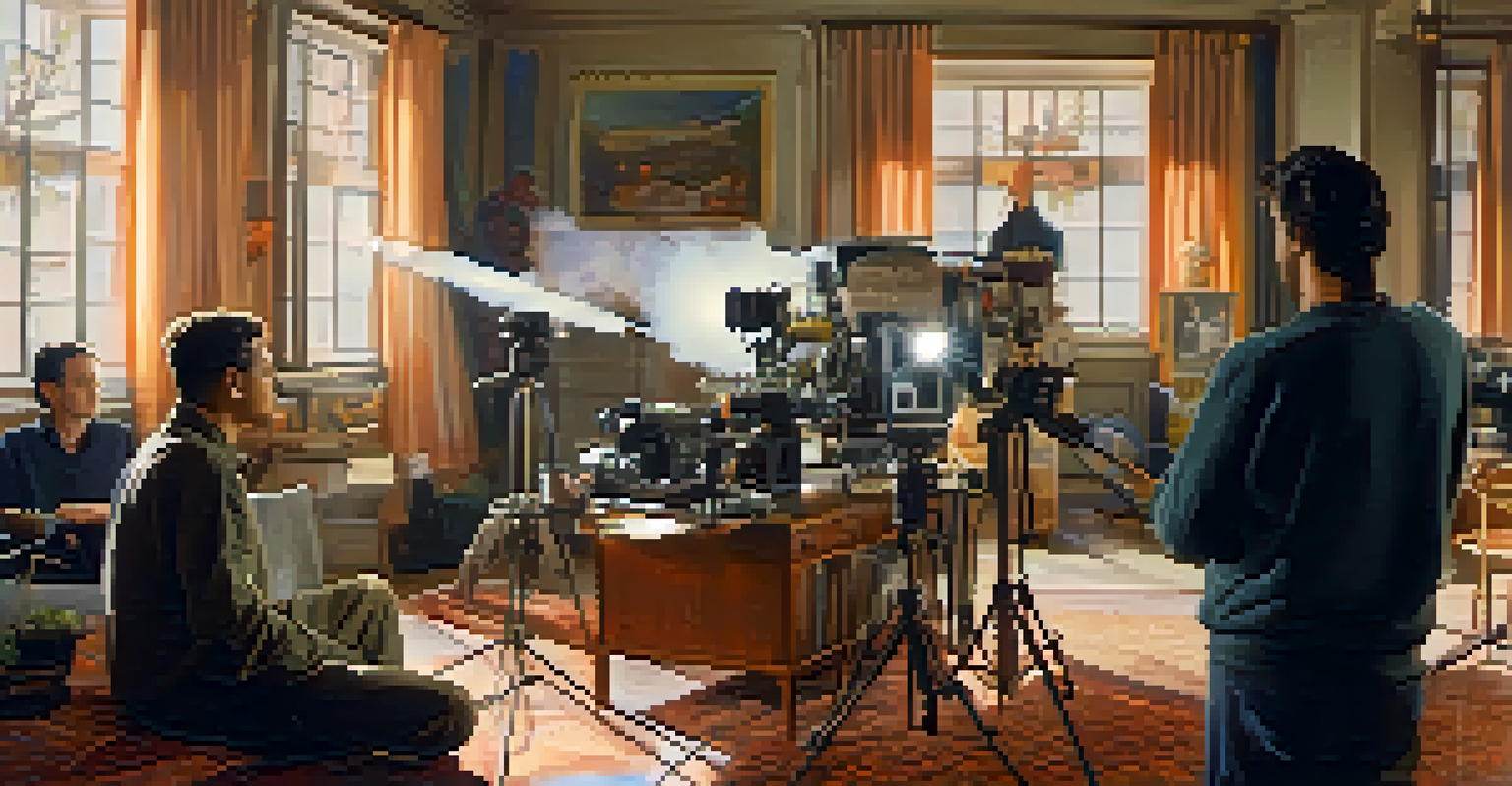 A film set with a director guiding actors in a blend of scripted and improvised moments, filled with props and bright natural light.