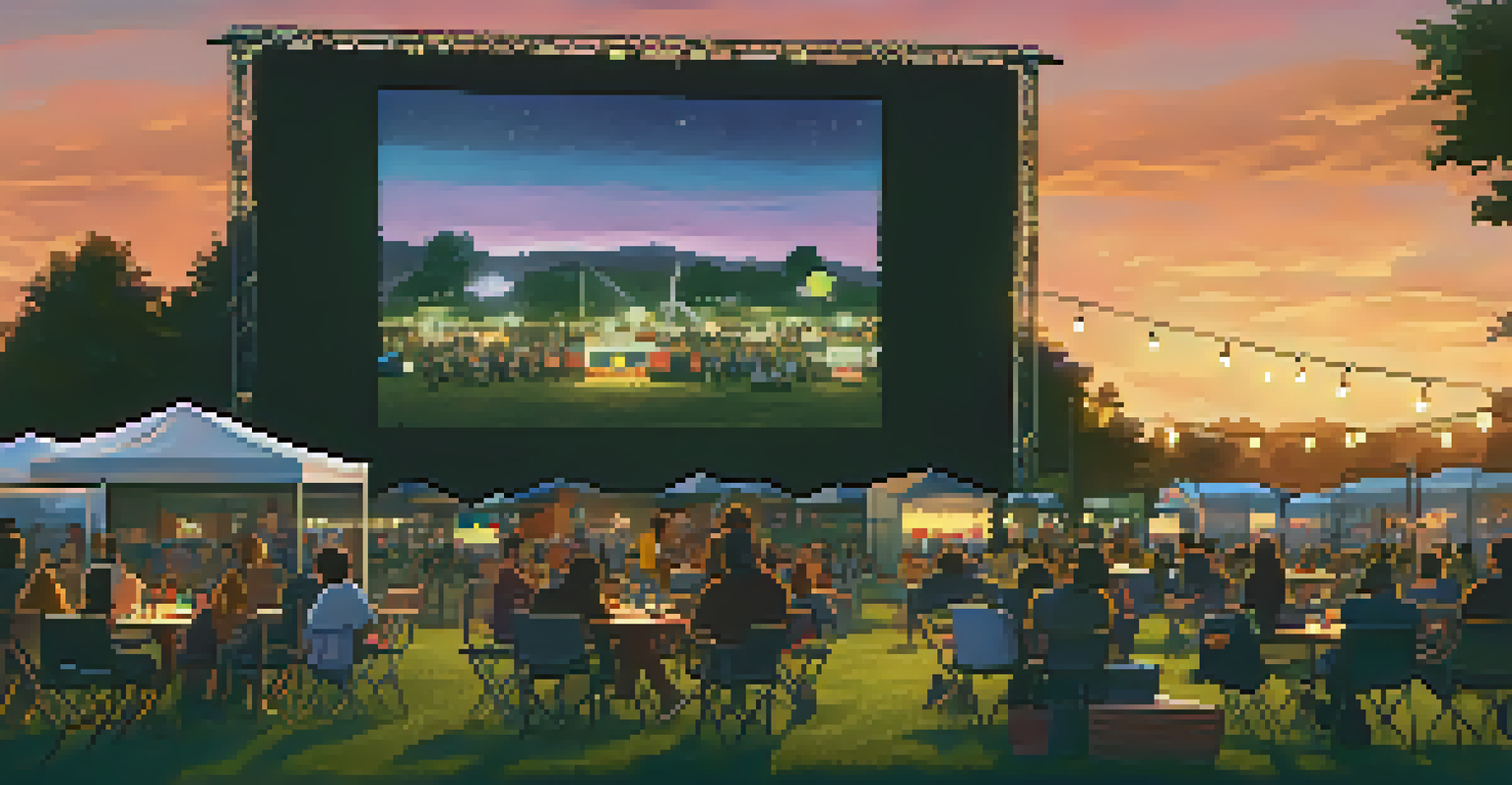 An outdoor film festival scene with a large screen displaying a film at twilight, attendees on blankets, food trucks nearby, and string lights creating a cozy atmosphere.
