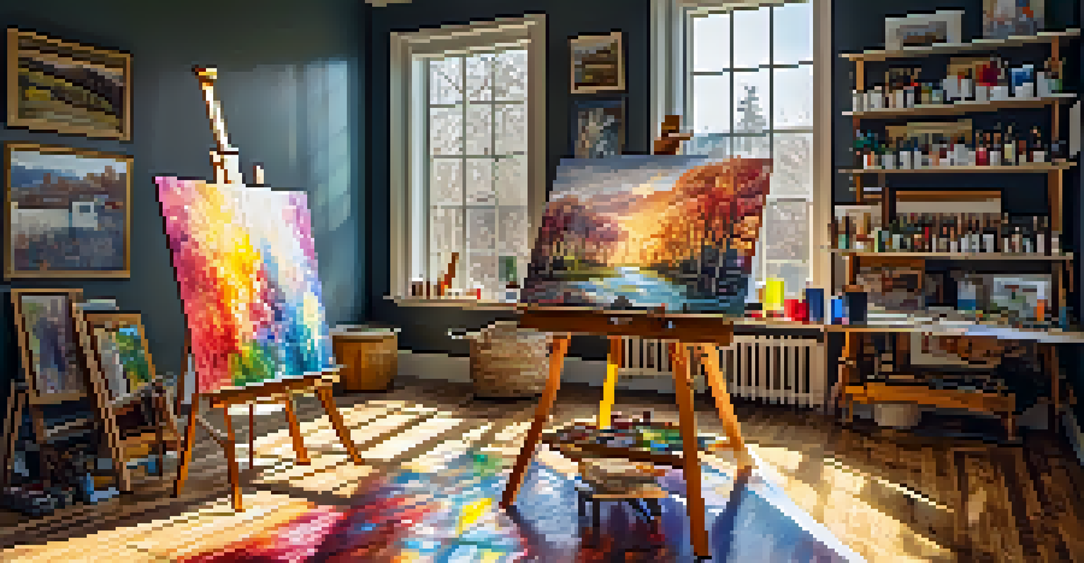 An artist's studio brimming with color, featuring an easel holding an unfinished landscape painting, surrounded by vibrant canvases and art supplies, illuminated by sunlight filtering through large windows.