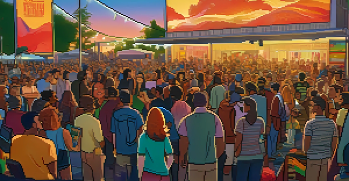 A lively outdoor film festival with diverse independent filmmakers discussing their projects, surrounded by colorful banners and a large screen showing films.