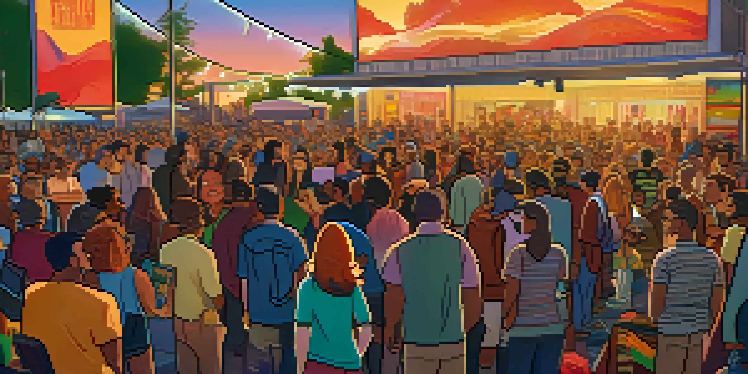 A lively outdoor film festival with diverse independent filmmakers discussing their projects, surrounded by colorful banners and a large screen showing films.