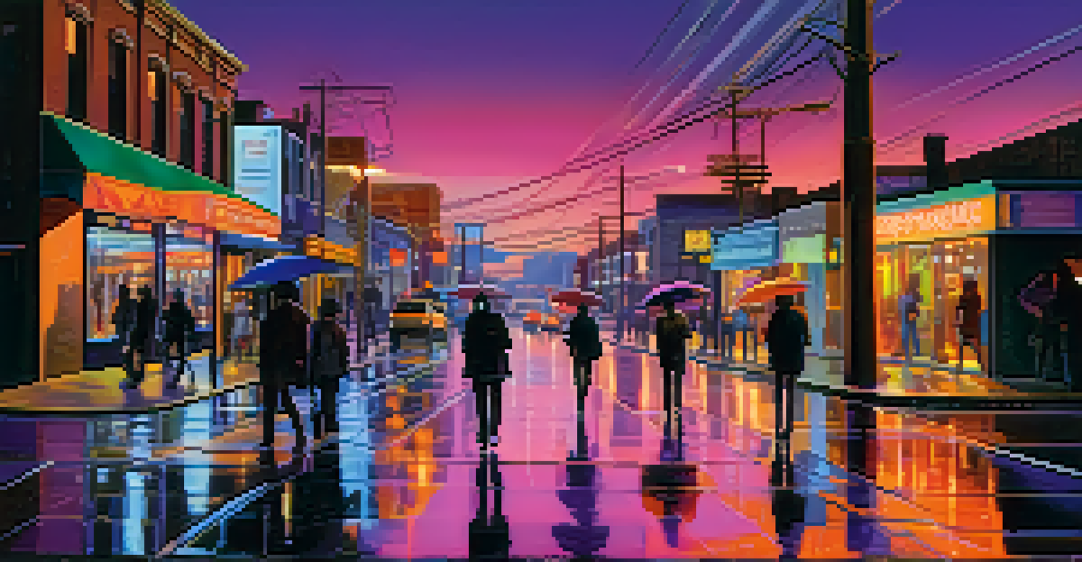 A lively city street at twilight with colorful neon lights and people walking on a wet pavement.