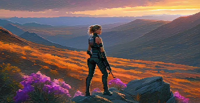 A strong female action hero in tactical gear standing on a cliff at sunset, with a determined expression and a colorful sky behind her.