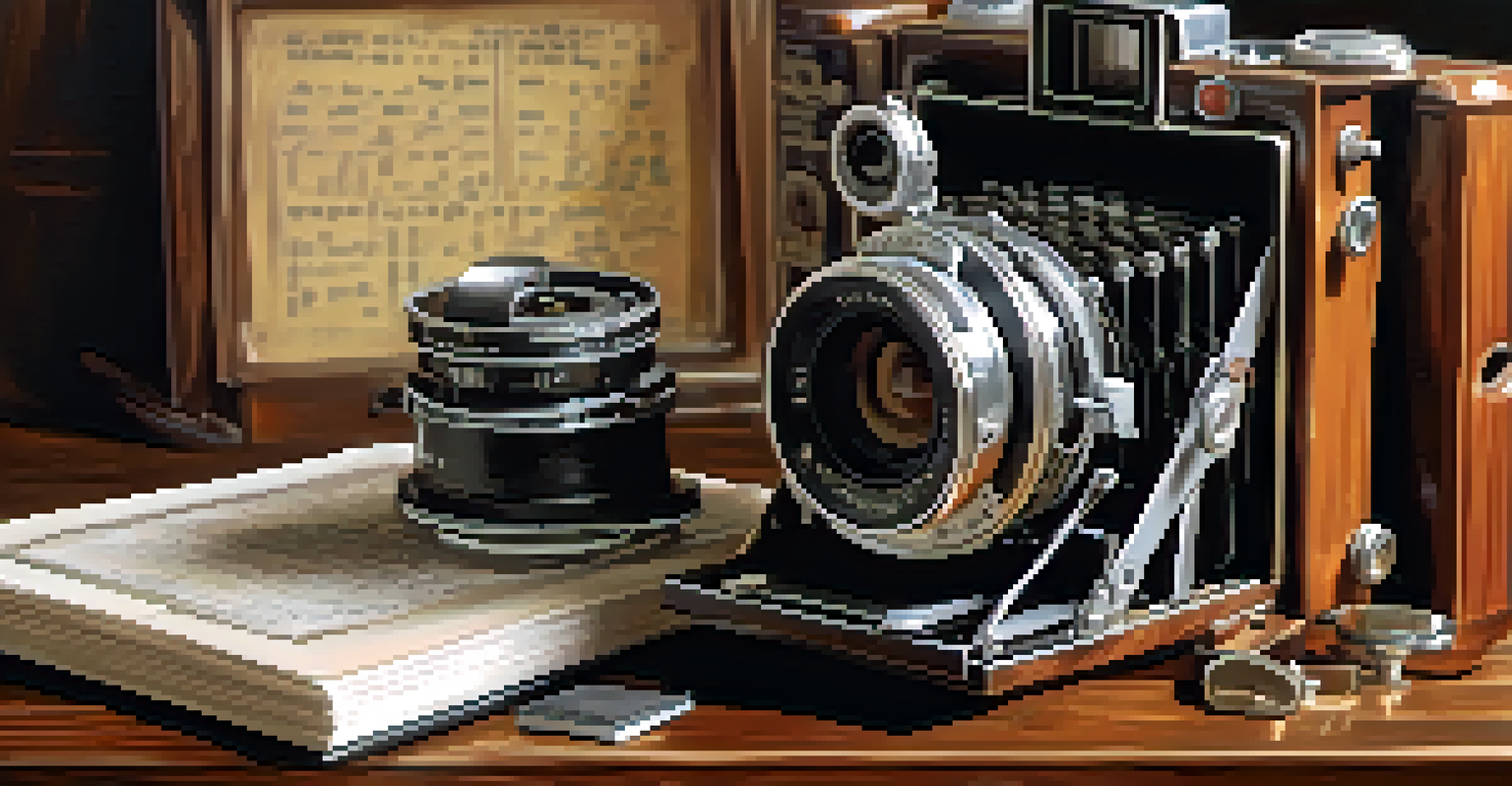 A vintage film camera with film reels and a notepad on a wooden table.