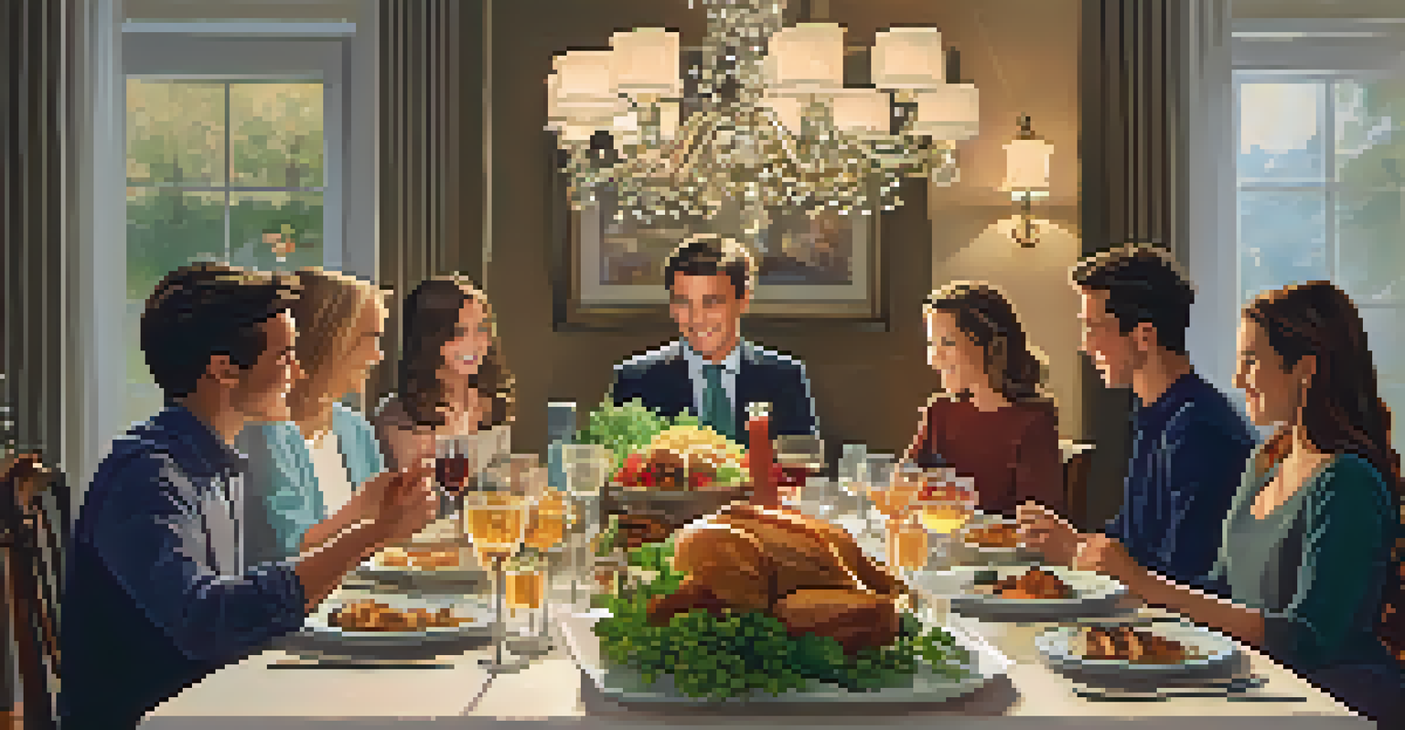Siblings having a lively discussion at a family dinner table filled with food, set in a warm and inviting dining room.