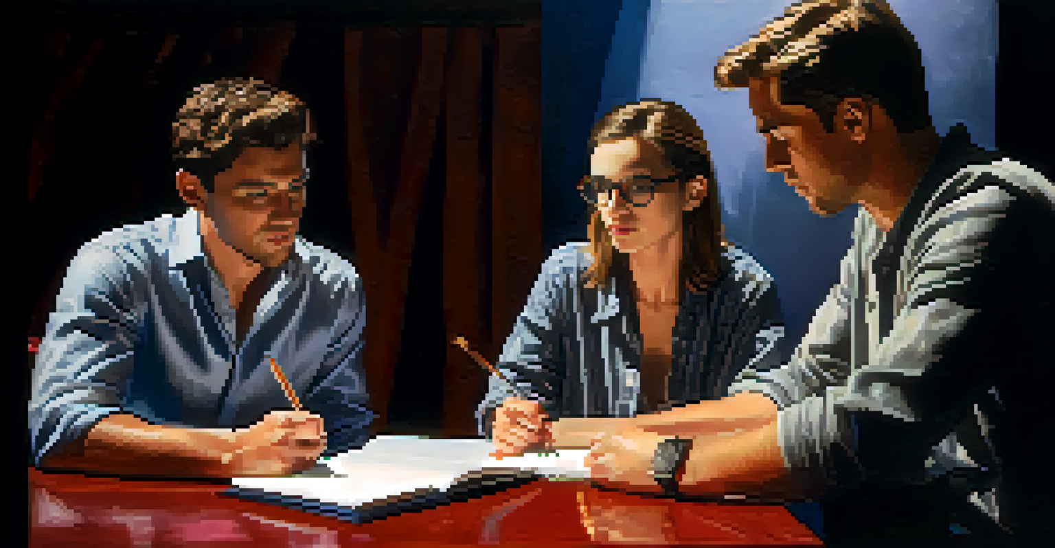 A casting director observing actors during a chemistry read in a well-lit casting room.