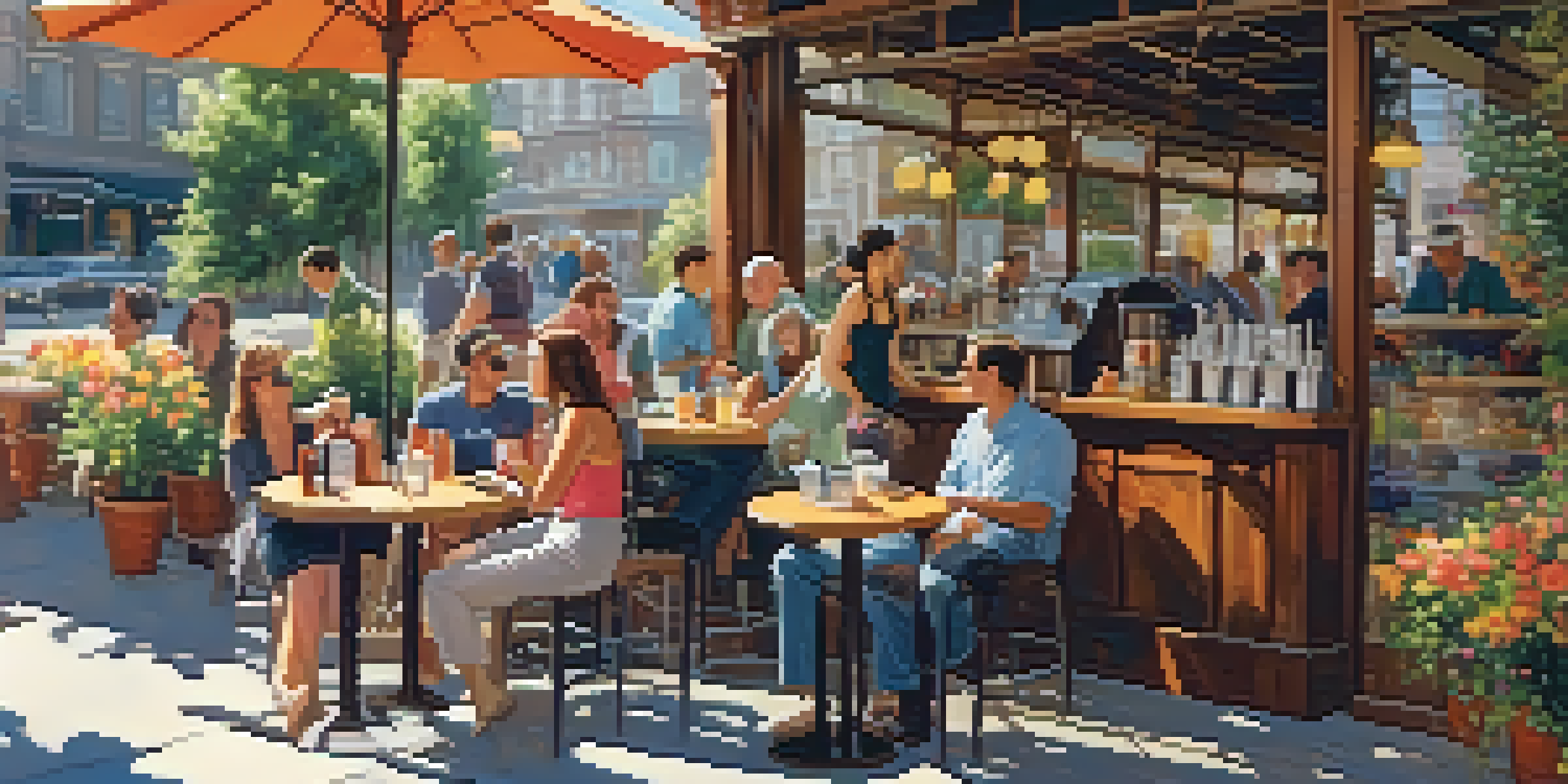 A lively café patio with diverse people enjoying drinks and desserts under colorful umbrellas, illuminated by sunlight.