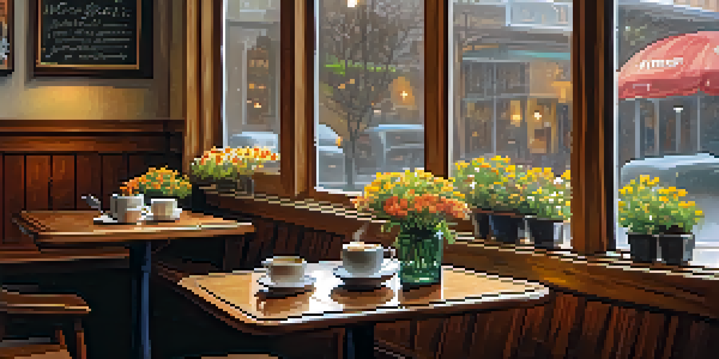 A warm coffee shop interior with wooden furniture, a steaming cup of coffee, and a rainy view outside, inviting for readers.