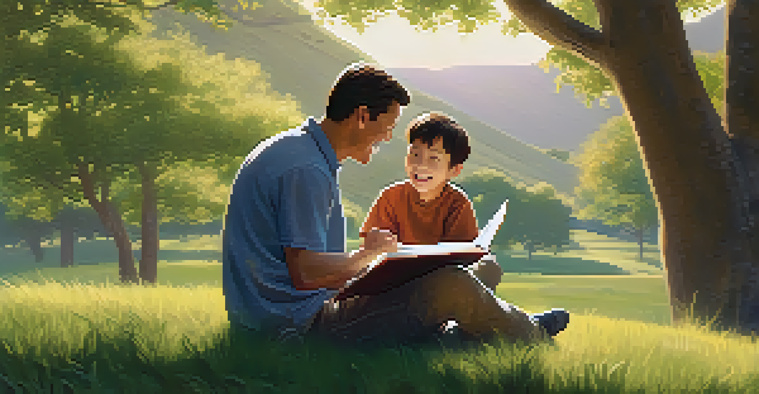 A father and son sharing a joyful moment on a grassy hill while reading a book together, surrounded by soft sunlight and trees.