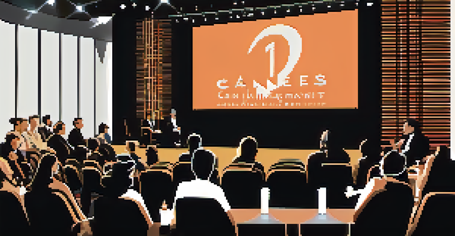 Filmmakers on stage at a Cannes Film Festival panel discussion, sharing insights about storytelling with a captivated audience.