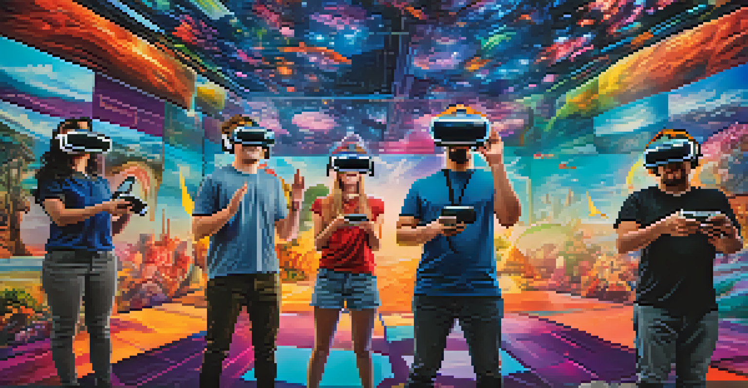Friends wearing VR headsets in a fantasy-themed virtual reality environment, showing excitement and engagement with the immersive experience.