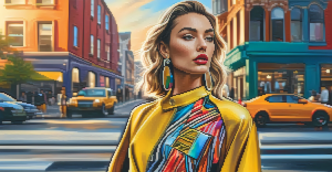A celebrity wearing a colorful outfit stands on a city street surrounded by modern buildings and street art during golden hour.