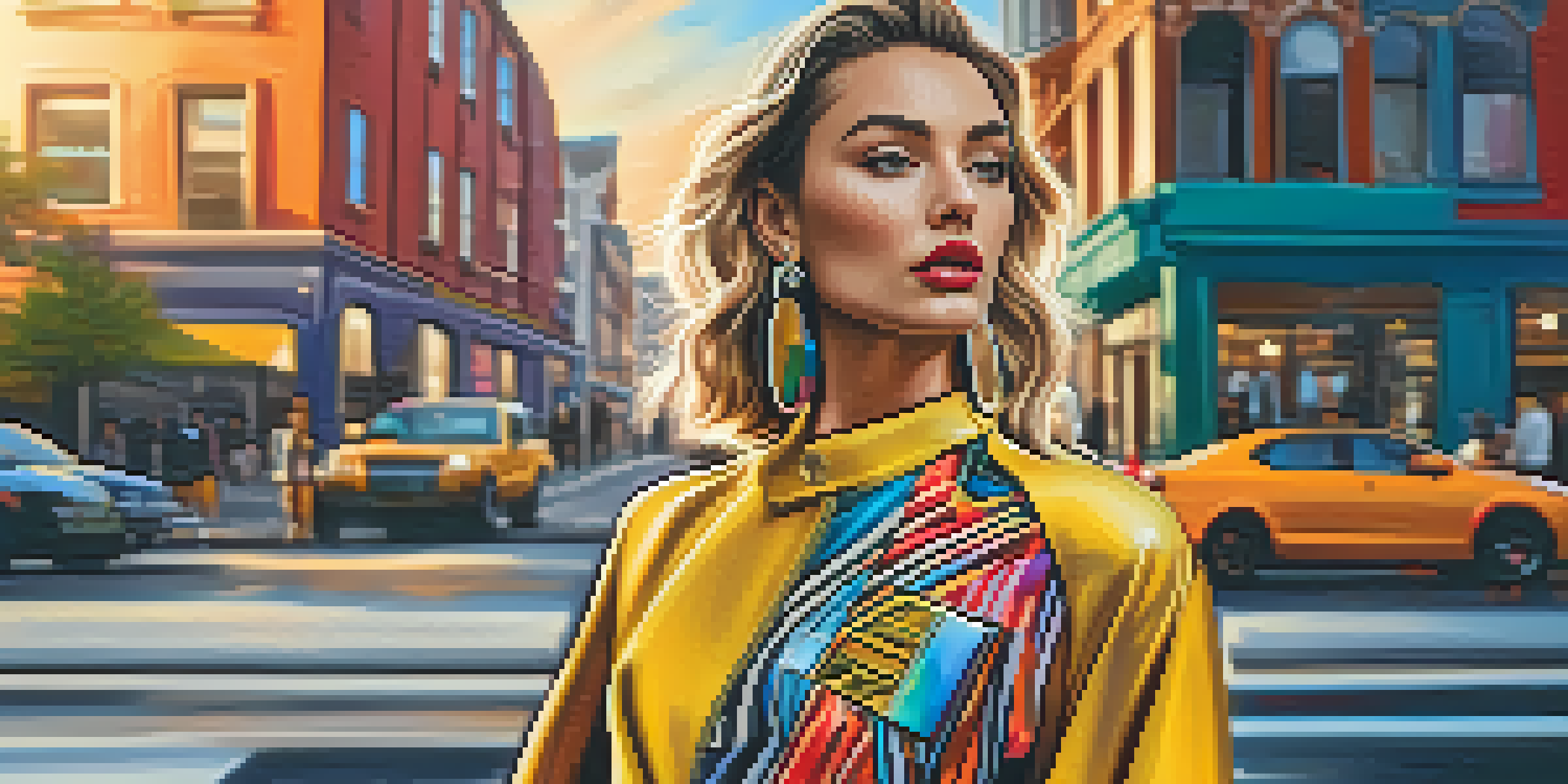 A celebrity wearing a colorful outfit stands on a city street surrounded by modern buildings and street art during golden hour.