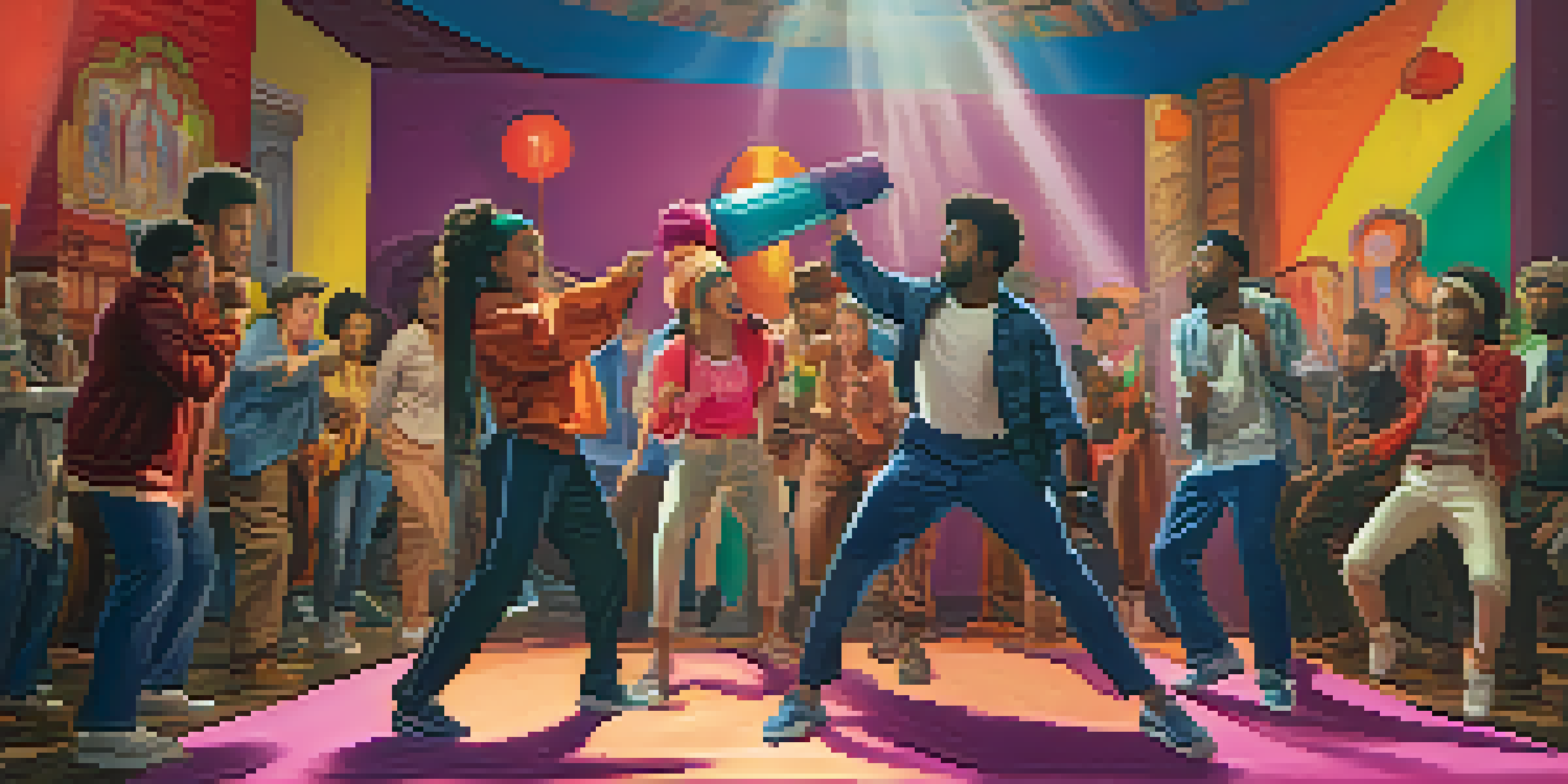 A diverse group of actors on a colorful film set, rehearsing a scene with expressive poses.