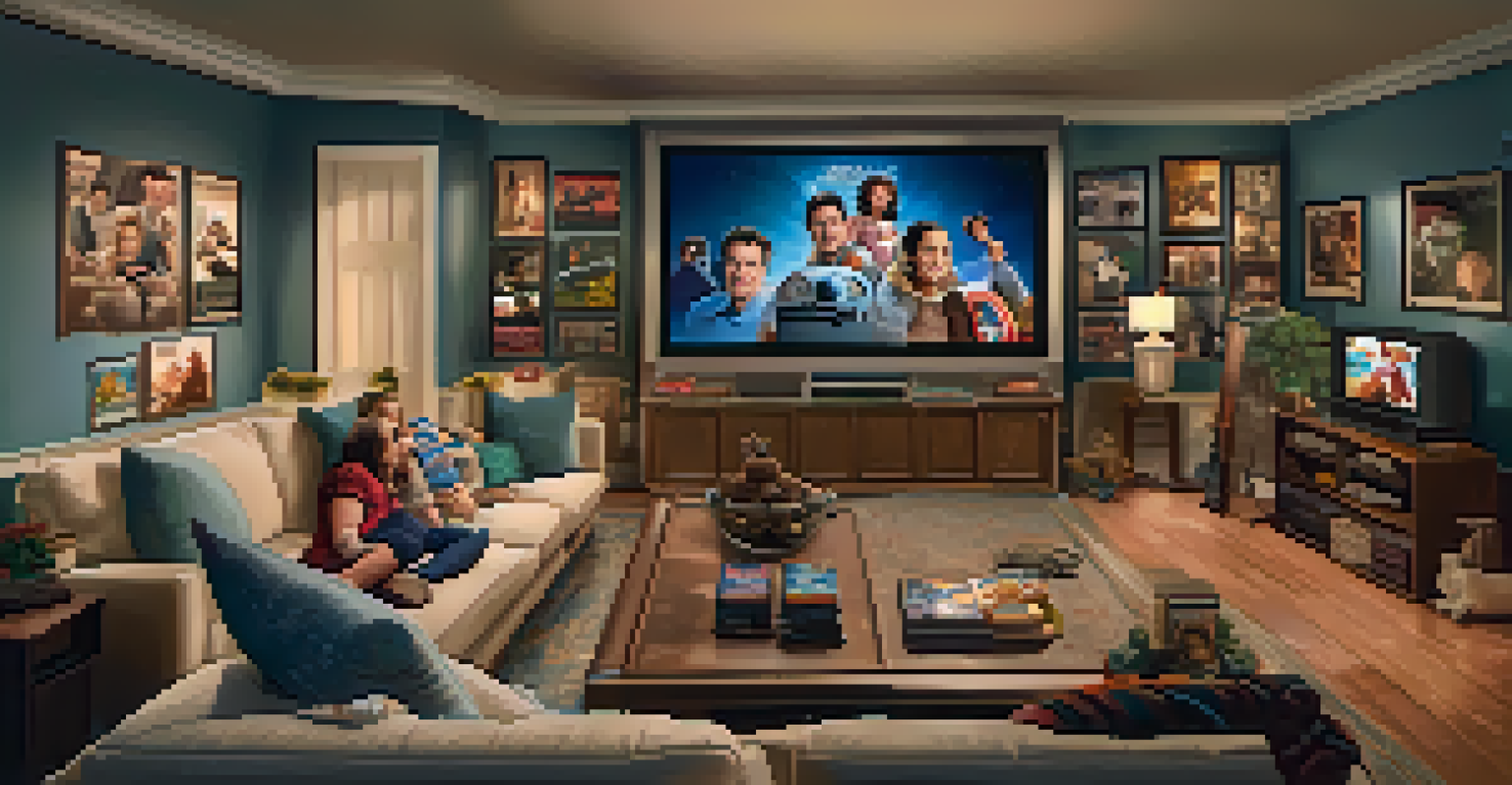 A family enjoying a movie night in a cozy home theater decorated with Hollywood film posters and warm lighting.