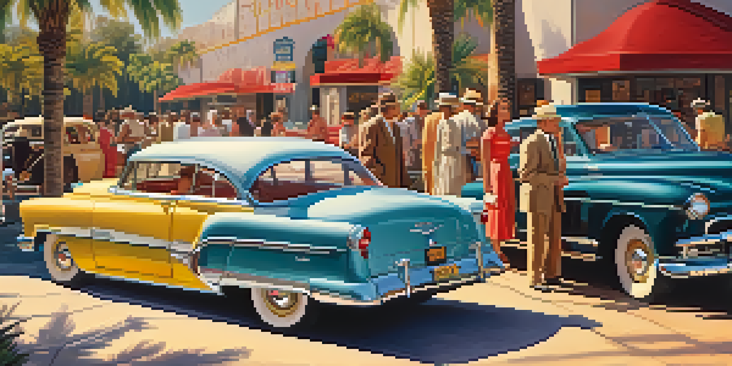 A vintage Hollywood film set from the 1950s with classic cars, crew members, and actors in period costumes under golden sunlight.