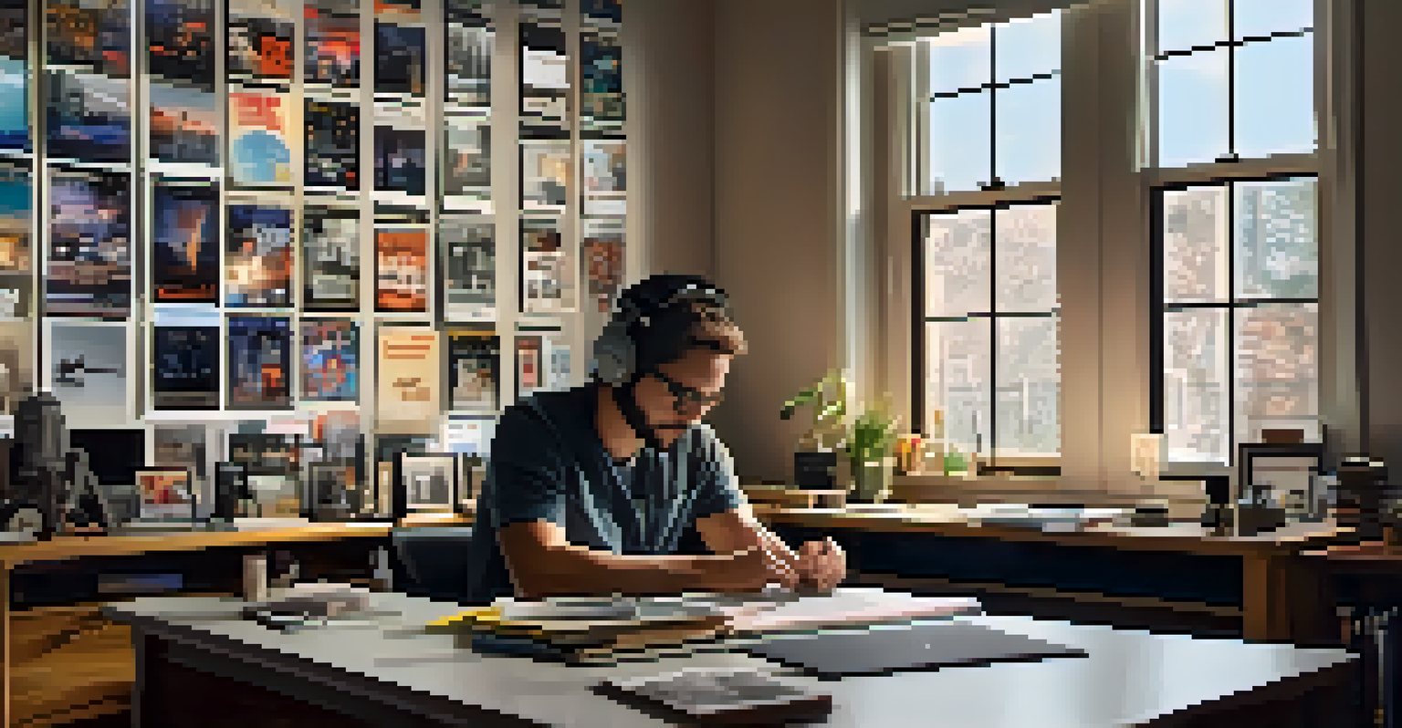 A dedicated filmmaker editing a documentary in a modern workspace filled with film posters and books.