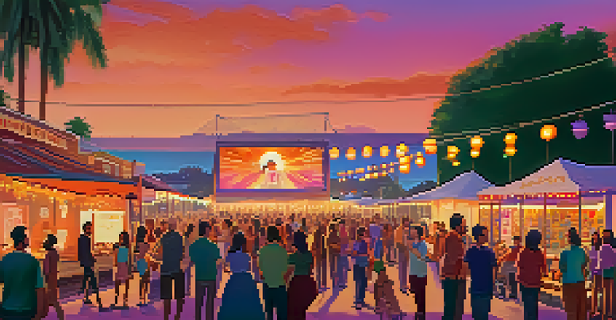 A lively outdoor film festival at sunset with colorful screens, diverse audiences, food stalls, and illuminated string lights.