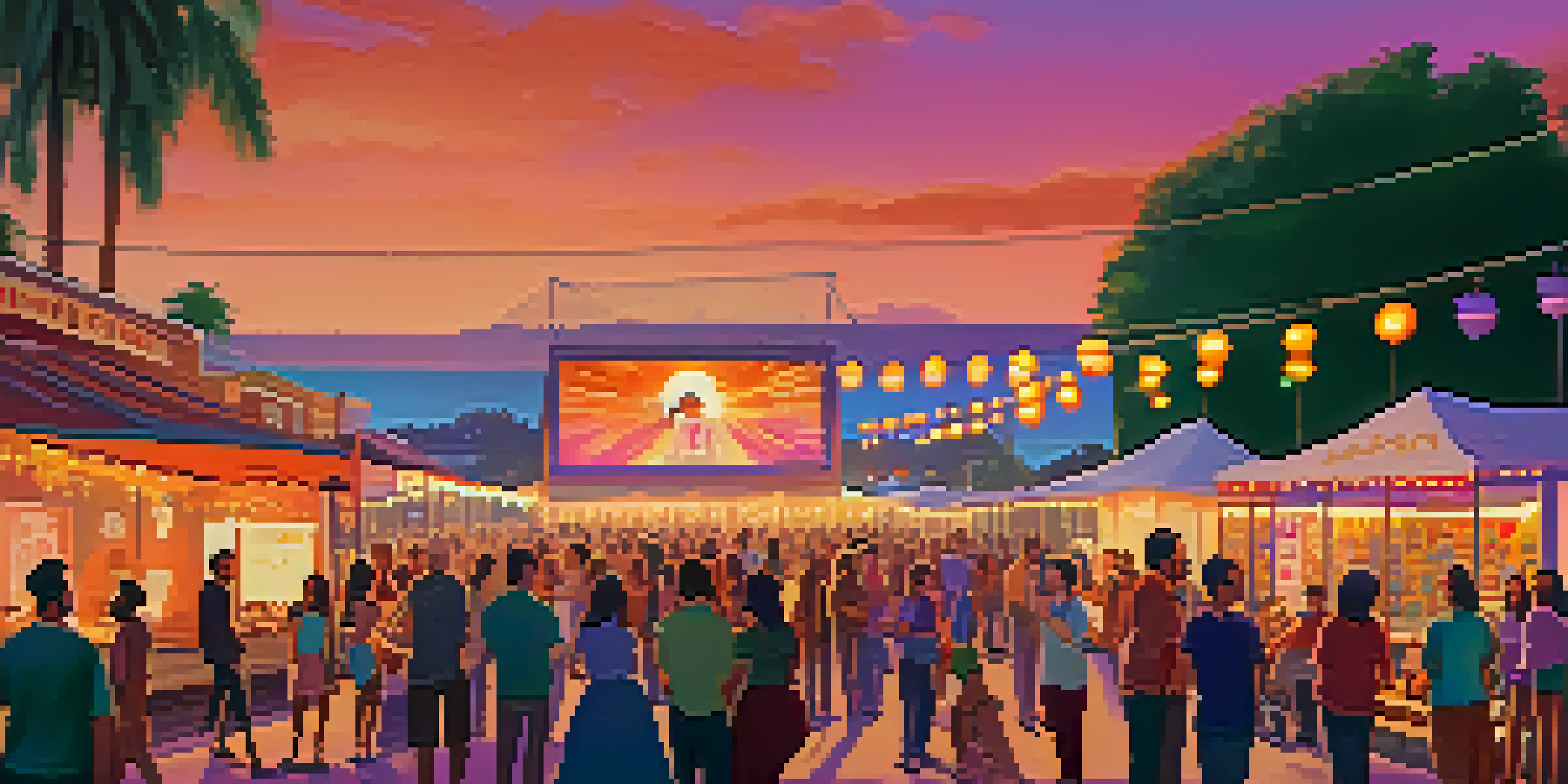 A lively outdoor film festival at sunset with colorful screens, diverse audiences, food stalls, and illuminated string lights.